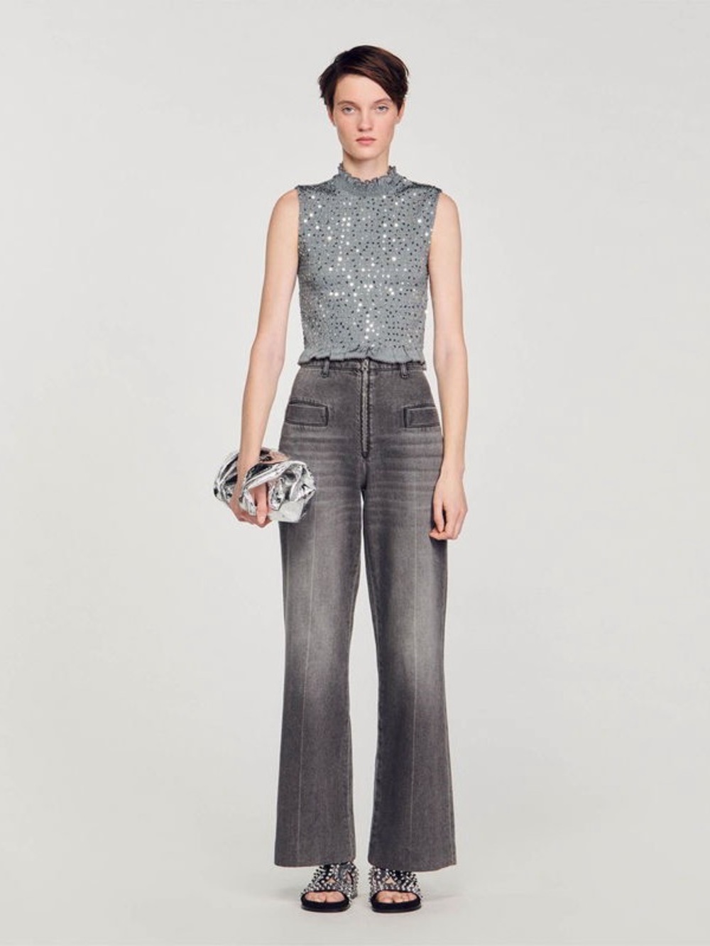 NWT Sandro Yahir Sequin Smocked Sleeveless Crop Top Size 2